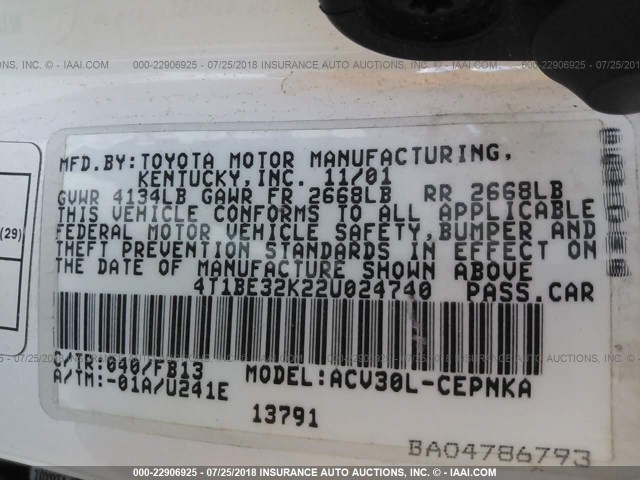 4T1BE32K22U024740 - 2002 TOYOTA CAMRY LE/XLE/SE 白色 照片 9