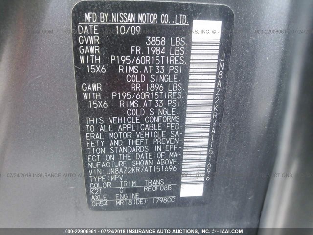 JN8AZ2KR7AT151696 - 2010 NISSAN CUBE S/SL/KROM GRAY photo 9