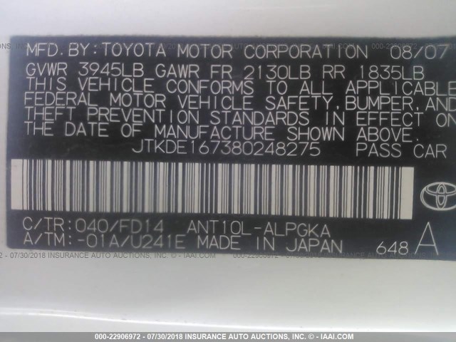 JTKDE167380248275 - 2008 TOYOTA SCION TC 白色 照片 9