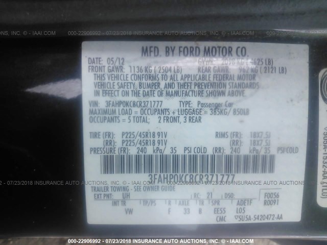 3FAHP0KC8CR371777 - 2012 FORD FUSION SPORT BLACK photo 9