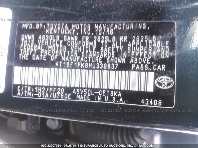 4T1BF1FK8HU339837 - 2017 TOYOTA CAMRY LE/XLE/SE/XSE 黑色 照片 9