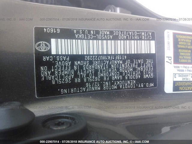 4T1BF1FK1HU722292 - 2017 TOYOTA CAMRY LE/XLE/SE/XSE GRAY photo 9