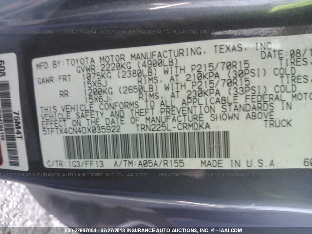 5TFTX4CN4DX035922 - 2013 TOYOTA TACOMA ACCESS CAB Grau Foto 9