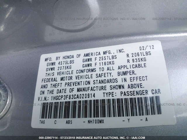 1HGCP3F83CA020914 - 2012 HONDA ACCORD EXL SILVER photo 9