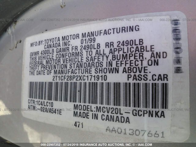 2T1CF28P2XC171910 - 1999 TOYOTA CAMRY SOLARA SE/SLE ვერცხლისფერი ფოტო 9