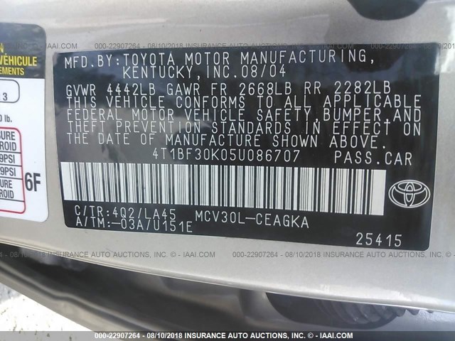 4T1BF30K05U086707 - 2005 TOYOTA CAMRY LE/XLE/SE Qəhvəyi foto 9