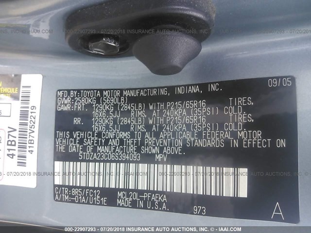 5TDZA23C06S394093 - 2006 TOYOTA SIENNA CE/LE BLUE photo 9