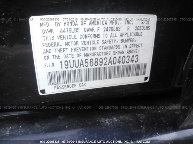 19UUA56892A040343 - 2002 ACURA 3.2TL TYPE-S BLACK photo 9