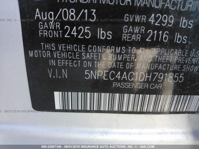 5NPEC4AC1DH791855 - 2013 HYUNDAI SONATA SE/LIMITED SILVER photo 9