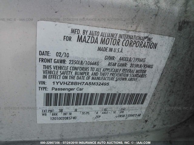 1YVHZ8BH7A5M32495 - 2010 MAZDA 6 I Արծաթագույն լուսանկար 9