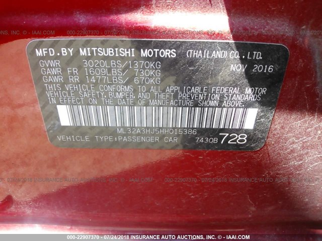 ML32A3HJ5HH015386 - 2017 MITSUBISHI MIRAGE ES RED photo 9