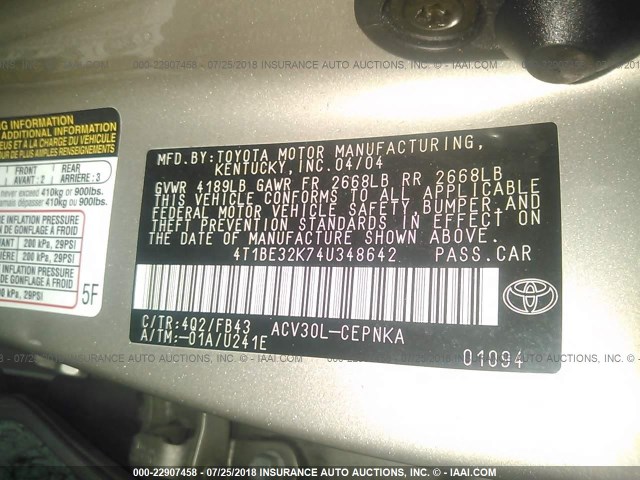 4T1BE32K74U348642 - 2004 TOYOTA CAMRY LE/XLE/SE GOLD photo 9