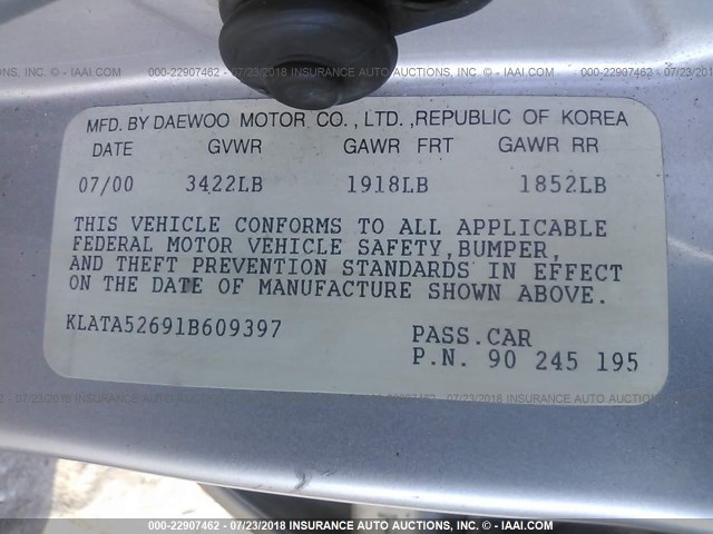 KLATA52691B609397 - 2001 DAEWOO LANOS S BLUE photo 9