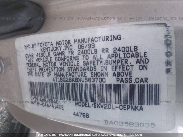 4T1BG28K8XU583700 - 1999 TOYOTA CAMRY CE/LE/XLE 米色 照片 9