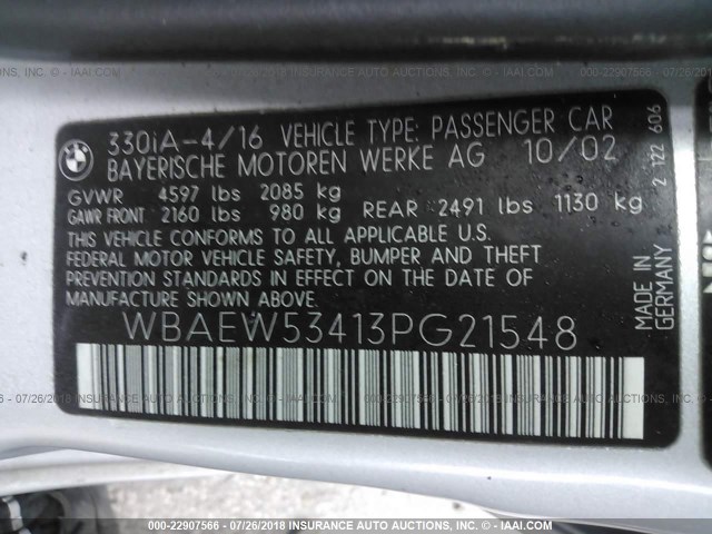 WBAEW53413PG21548 - 2003 BMW 330 XI SILVER photo 9