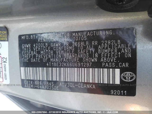 4T1BE32K66U691297 - 2006 TOYOTA CAMRY LE/XLE/SE Сұр фото 9