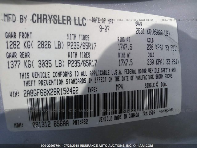 2A8GF68X28R150462 - 2008 CHRYSLER PACIFICA TOURING SILVER photo 9