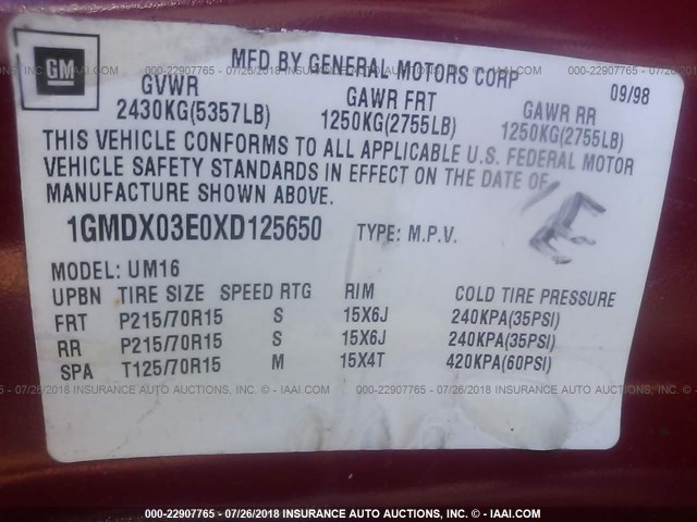 1GMDX03E0XD125650 - 1999 PONTIAC MONTANA / TRANS S  RED photo 9