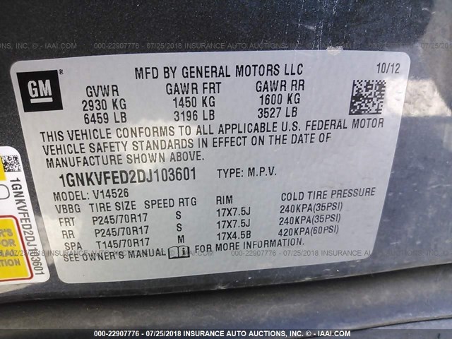 1GNKVFED2DJ103601 - 2013 CHEVROLET TRAVERSE LS GRAY photo 9