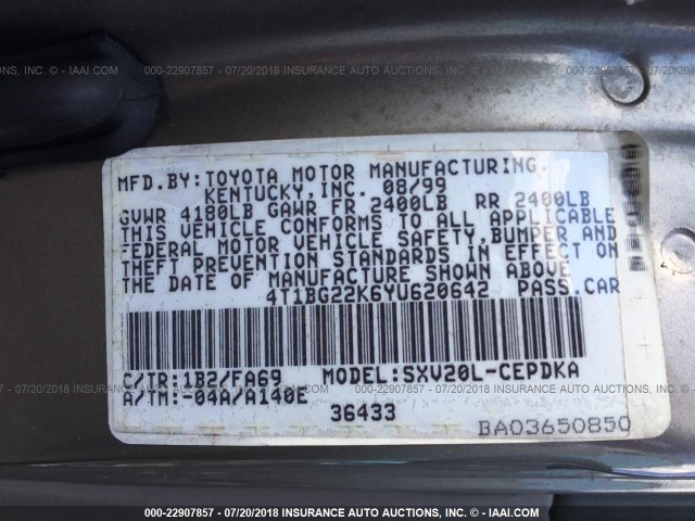 4T1BG22K6YU620642 - 2000 TOYOTA CAMRY CE/LE/XLE SILVER photo 9