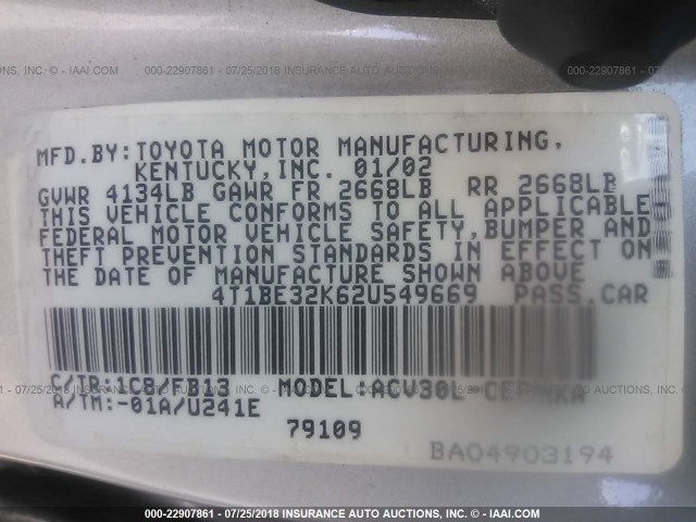 4T1BE32K62U549669 - 2002 TOYOTA CAMRY LE/XLE/SE 灰色 照片 9