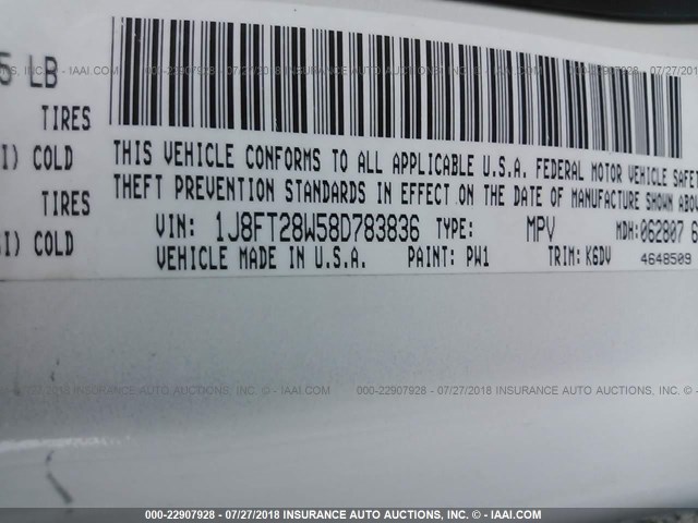 1J8FT28W58D783836 - 2008 JEEP PATRIOT SPORT WHITE photo 9