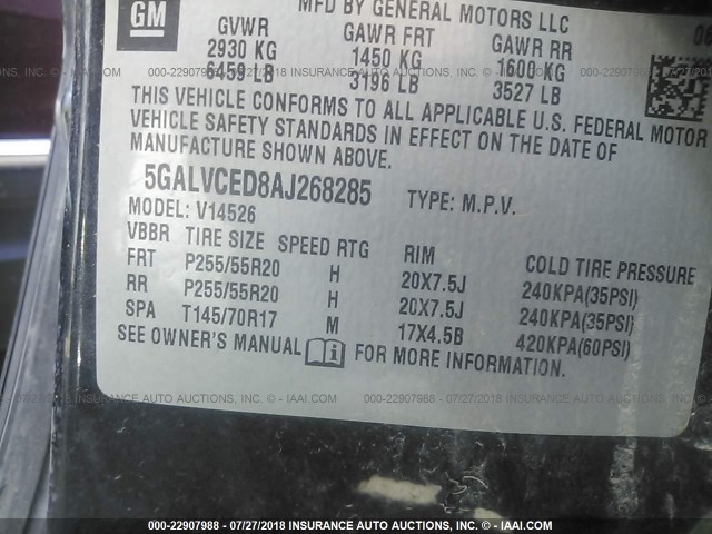 5GALVCED8AJ268285 - 2010 BUICK ENCLAVE CXL შავი ფოტო 9