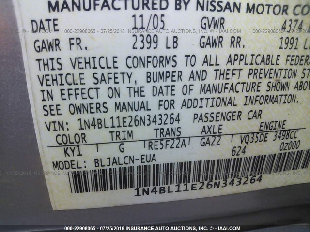 1N4BL11E26N343264 - 2006 NISSAN ALTIMA SE/SL/SE-R SILVER photo 9