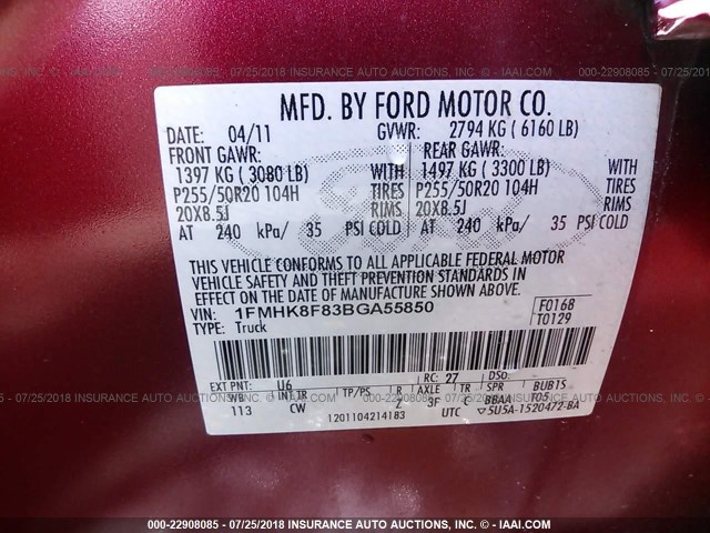 1FMHK8F83BGA55850 - 2011 FORD EXPLORER LIMITED RED photo 9