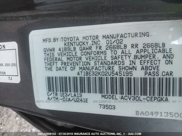 4T1BE32K02U545195 - 2002 TOYOTA CAMRY LE/XLE/SE Boz foto 9