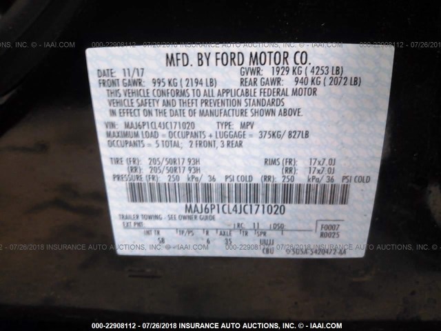 MAJ6P1CL4JC171020 - 2018 FORD ECOSPORT SES BLACK photo 9