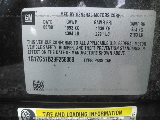 1G1ZG57B39F258068 - 2009 CHEVROLET MALIBU LS შავი ფოტო 9