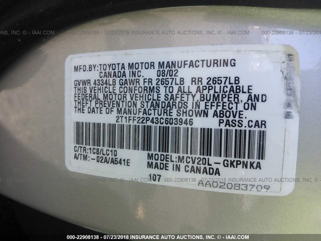 2T1FF22P43C603946 - 2003 TOYOTA CAMRY SOLARA SE/SLE BEIGE photo 9