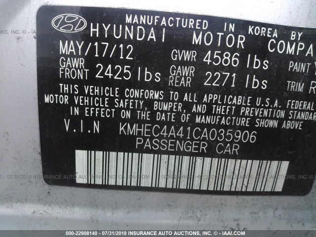 KMHEC4A41CA035906 - 2012 HYUNDAI SONATA HYBRID SILVER photo 9