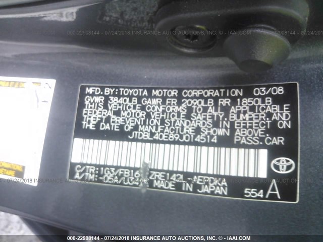 JTDBL40E89J014514 - 2009 TOYOTA COROLLA LE/XLE GRAY photo 9
