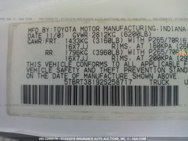 5TBRT38192S258717 - 2002 TOYOTA TUNDRA ACCESS CAB LIMITED WHITE photo 9