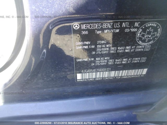 4JGAB54E7XA105121 - 1999 MERCEDES-BENZ ML 320 BLUE photo 9