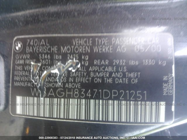 WBAGH83471DP21251 - 2001 BMW 740 IL BLACK photo 9