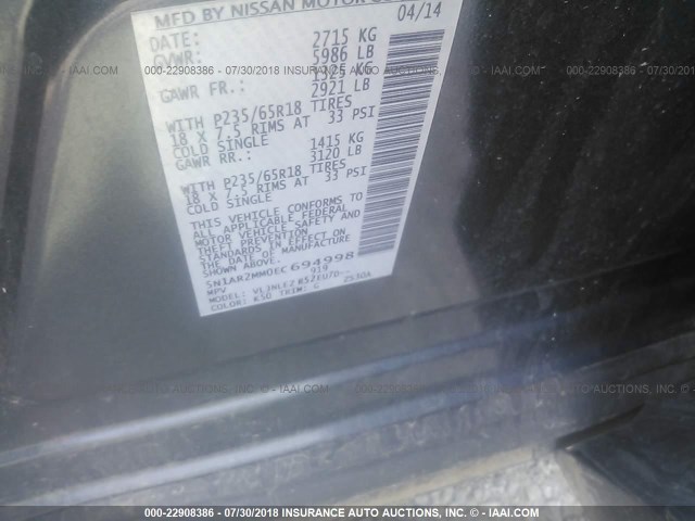 5N1AR2MM0EC694998 - 2014 NISSAN PATHFINDER S/SV/SL/PLATINUM GRAY photo 9