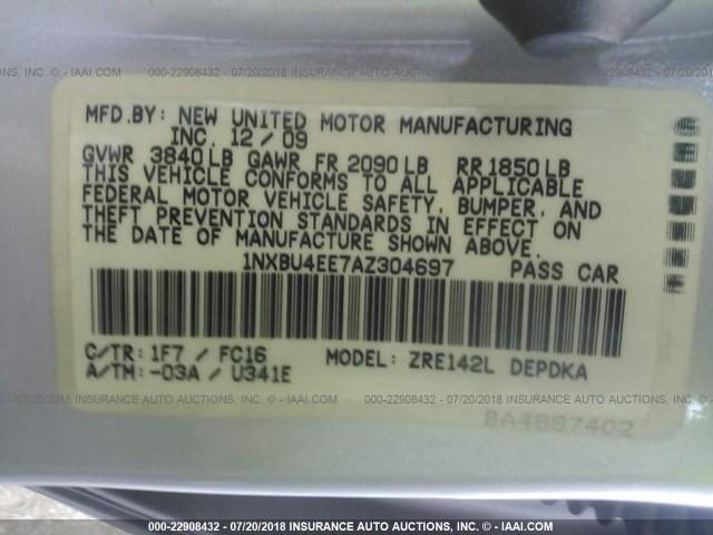 1NXBU4EE7AZ304697 - 2010 TOYOTA COROLLA S/LE/XLE SILVER photo 9