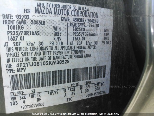 4F2YU08102KM38528 - 2002 MAZDA TRIBUTE LX/ES 绿色 照片 9
