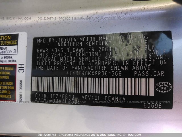 4T4BE46KX9R061566 - 2009 TOYOTA CAMRY SE/LE/XLE 银色 照片 9