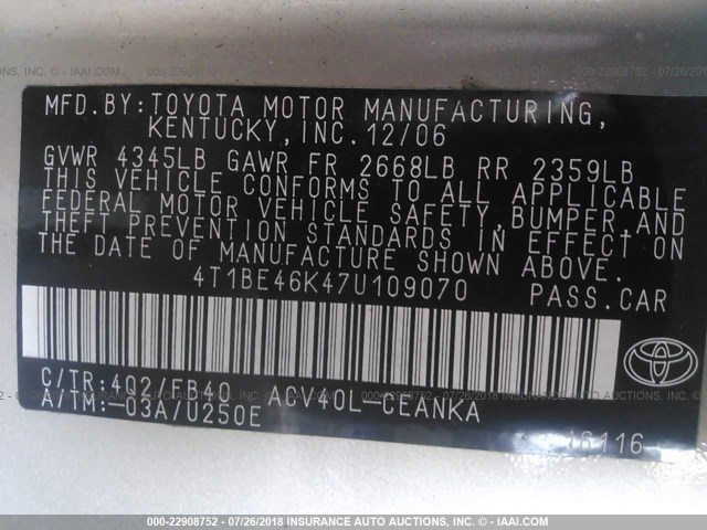 4T1BE46K47U109070 - 2007 TOYOTA CAMRY NEW GENERAT CE/LE/XLE/SE GOLD photo 9