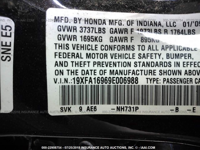 19XFA16969E006988 - 2009 HONDA CIVIC EXL Qara foto 9