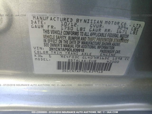 3N1CN7AP9DL839918 - 2013 NISSAN VERSA S/S PLUS/SV/SL GRAY photo 9