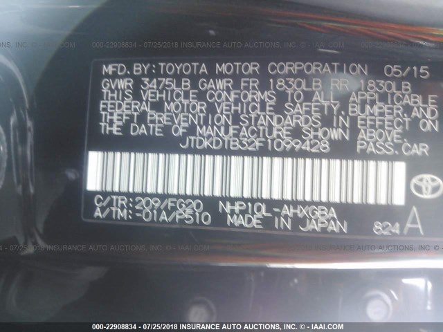 JTDKDTB32F1099428 - 2015 TOYOTA PRIUS C BLACK photo 9