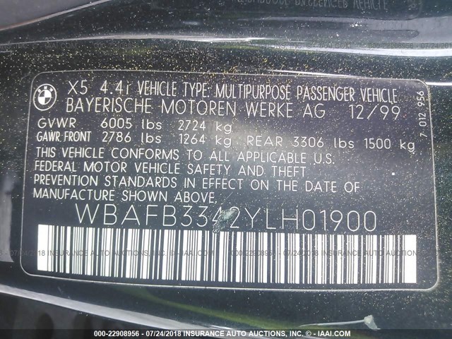 WBAFB3342YLH01900 - 2000 BMW X5 4.4I GREEN photo 9