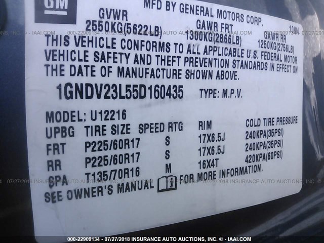 1GNDV23L55D160435 - 2005 CHEVROLET UPLANDER LS BLUE photo 9