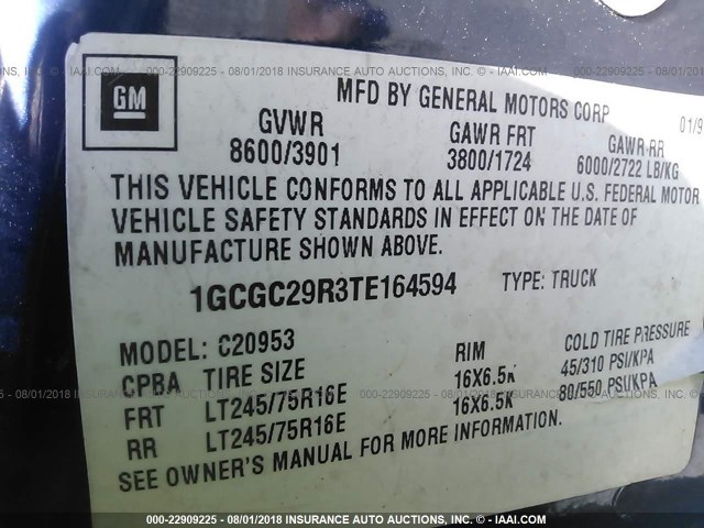 1GCGC29R3TE164594 - 1996 CHEVROLET GMT-400 C2500 BLUE photo 9