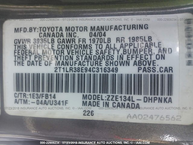 2T1LR38E94C316349 - 2004 TOYOTA COROLLA MATRIX XR GRAY photo 9